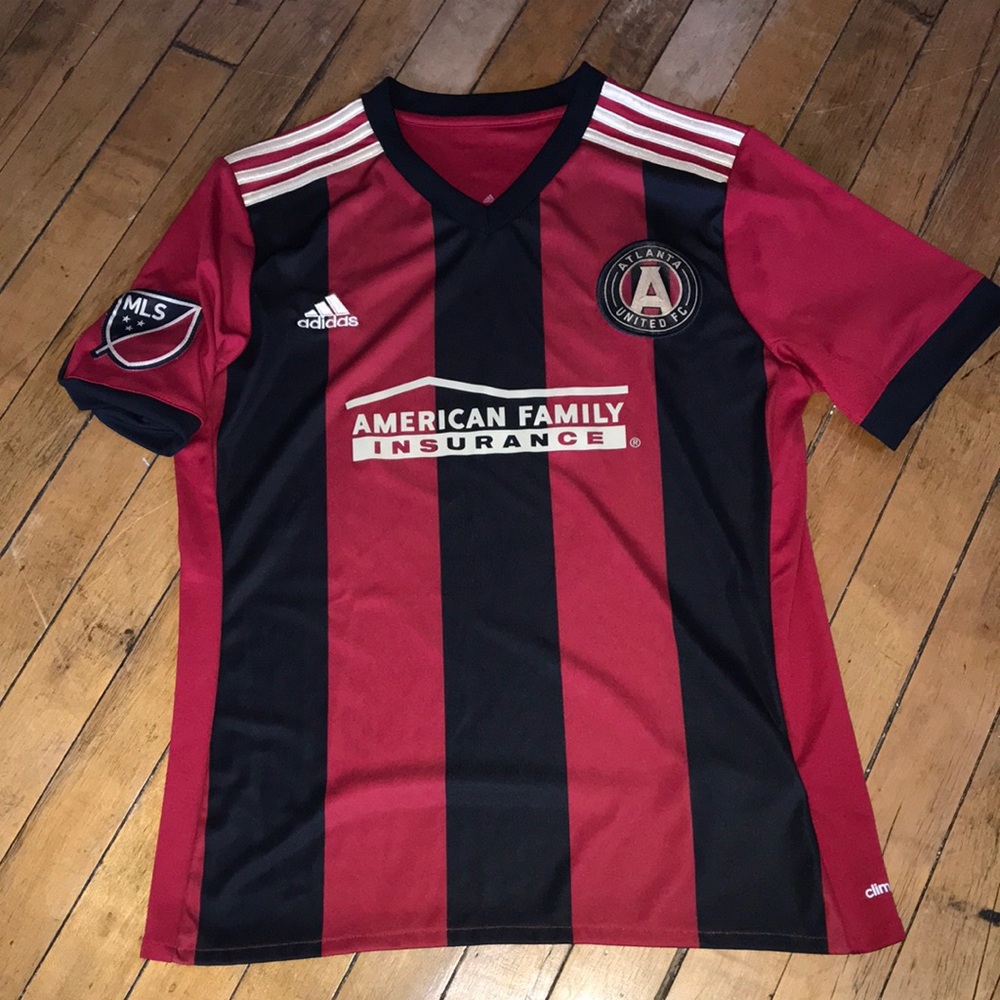 Atlanta United Kids' Red & Black Striped Soccer Jersey by Adidas